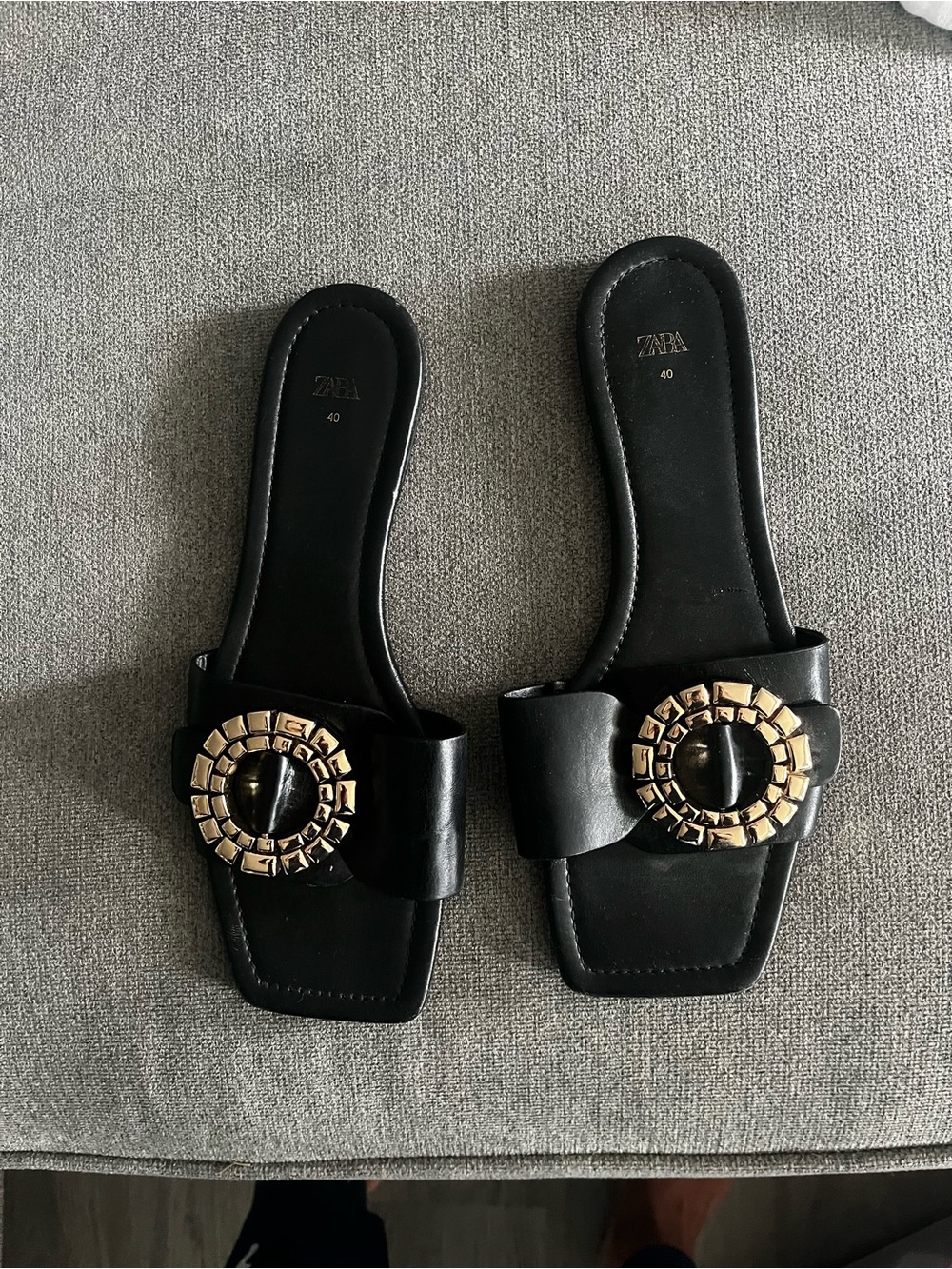 Zara Black Leather Slide Mules with Gold Medallion Accent